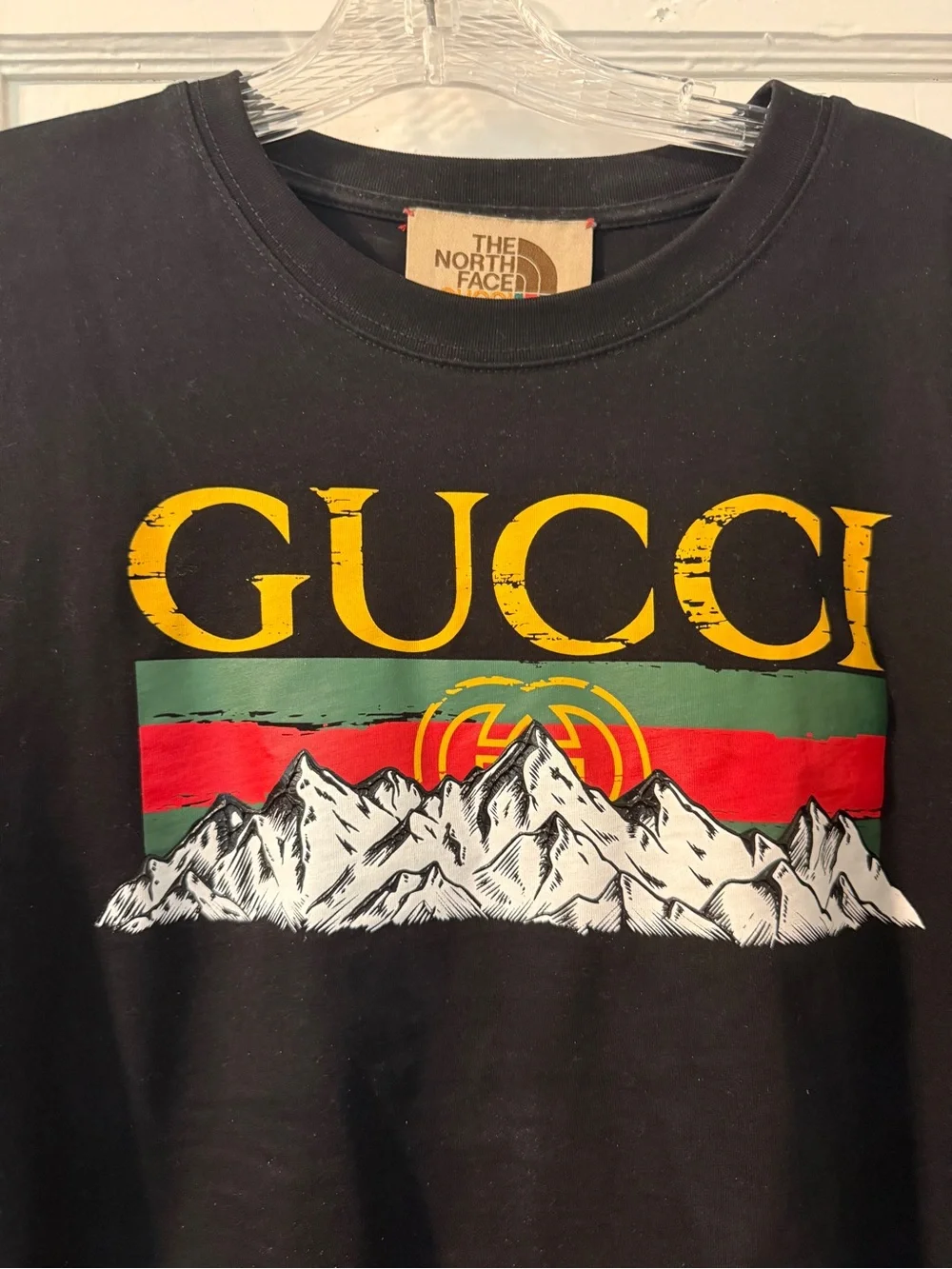 GucciNorth face collab  Black Short Sleeve Tee with Yellow Logo and Red-Green St